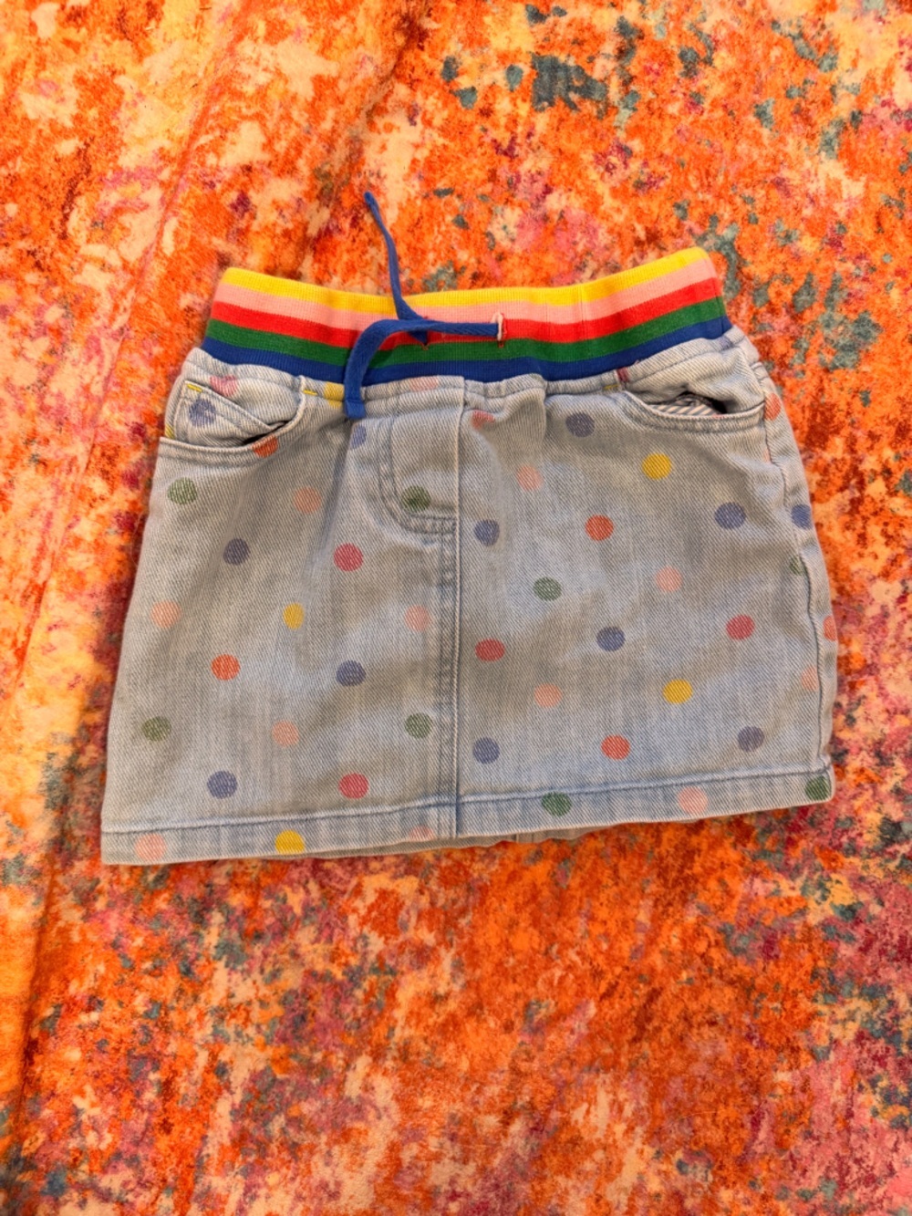 Mini Boden Light Denim Skirt with Rainbow Waistband and Multicolor Polka Dots